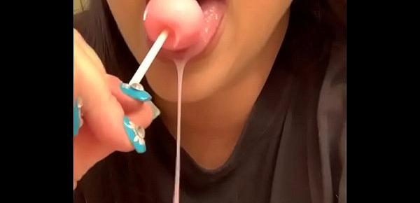  Marcy Diamond giving sloppy blowjob to lollipop with tons of spit